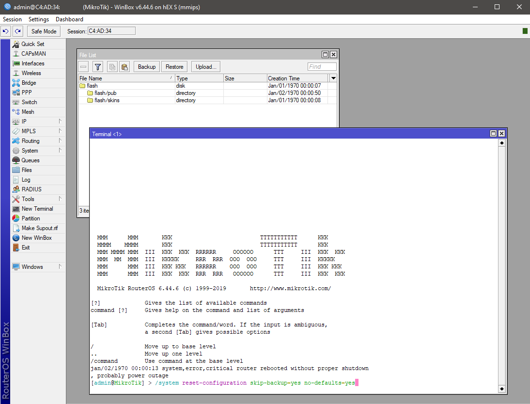 Mikrotik router reset command